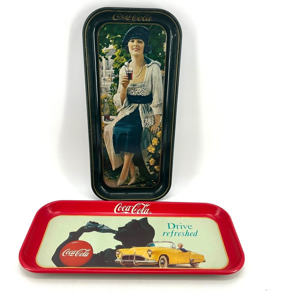 Vintage Coca-Cola Metal Trays Lot of 2 1973 Flapper Girl 1989 Drive Refreshed